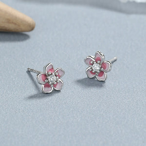 Enamel Cherry Blossom Crystal Stud Earrings