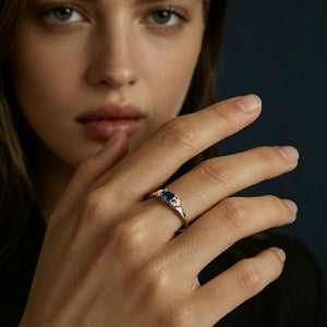 Blue Oval Solitaire CZ Side Cluster Band Ring