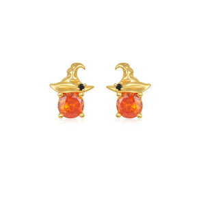 Halloween Witch Hat Orange CZ Stud Earrings