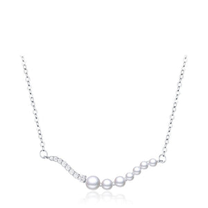 Half Pearl CZ Pave Wave Bar Charm Necklace