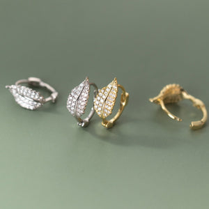 Botanical Leaf Pave CZ Huggie Hoop Earrings