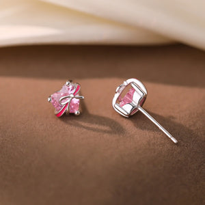 Pink Heart Enamel Ribbon Bow Stud Earrings