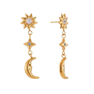 Celestial Sun Star Moon CZ Drop Stud Earrings