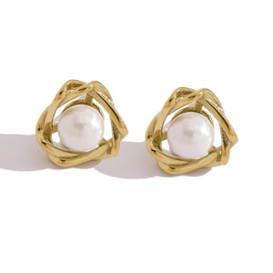 Geometric Twisted Frame Pearl Stud Earrings