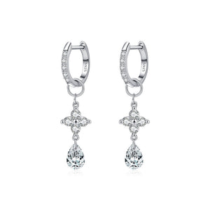 Moissanite Pear CZ Clover Drop Hoop Earrings
