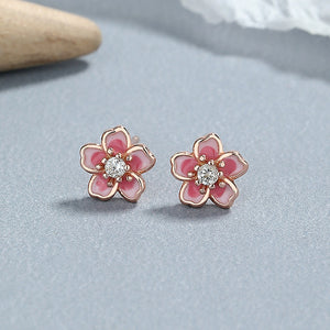Enamel Cherry Blossom Crystal Stud Earrings