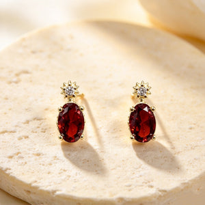 Small Starburst Oval Red Garnet Stud Earrings