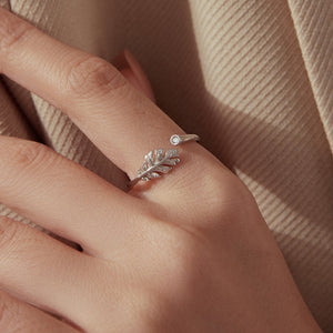 Minimalist Textured Oak Leaf CZ Stacking Ring
