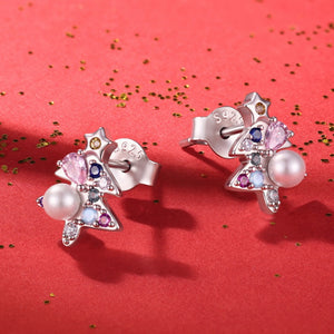 Christmas Tree Pearl Colorful CZ Stud Earrings