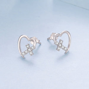 Minimalist Heart Cross Pave CZ Stud Earrings