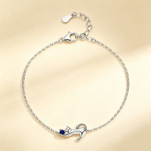 Blue Crystal Playing Cat Charm Chain Bracelet