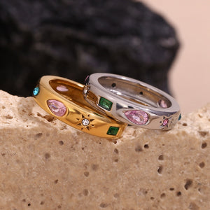Multi Colorful Gems Chunky Dome Band Ring