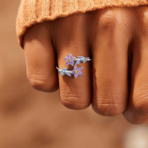 Purple Dual Floral Blue Leaf Inlaid Open Ring