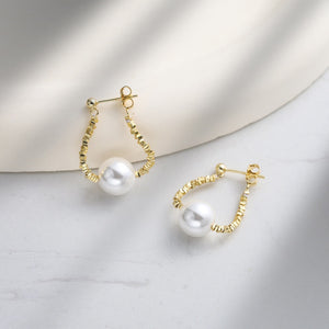 Dainty Crushed Silver Bead Pearl Drop Earrings