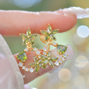 Dainty Green Heart Flower Drop Earrings