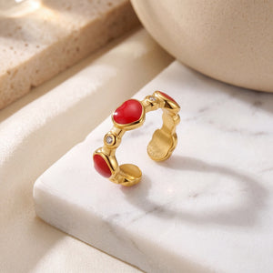 Red Enamel Heart Round CZ Stack Open Ring