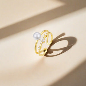 Double Layer Pearl CZ Cluster Adjustable Ring
