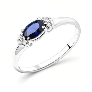 Blue Oval Solitaire CZ Side Cluster Band Ring