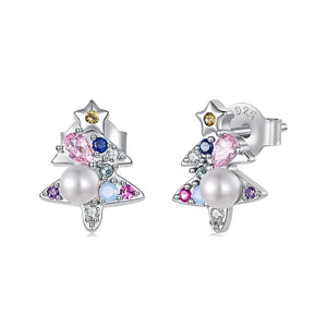 Christmas Tree Pearl Colorful CZ Stud Earrings