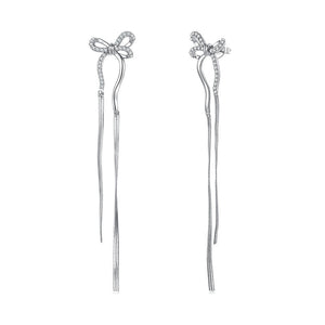 Ribbon Bow CZ Long Chain Drop Stud Earrings