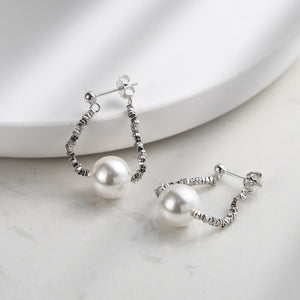 Dainty Crushed Silver Bead Pearl Drop Earrings