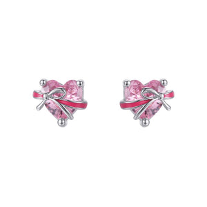 Pink Heart Enamel Ribbon Bow Stud Earrings