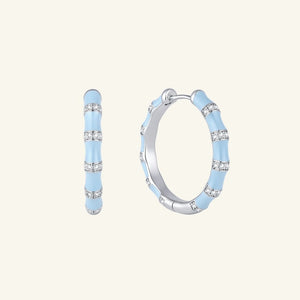 Blue Enamel Bamboo Joint Pave Hoop Earrings