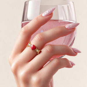Red Enamel Heart Round CZ Stack Open Ring