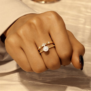 Double Layer Pearl CZ Cluster Adjustable Ring