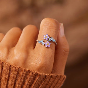 Purple Dual Floral Blue Leaf Inlaid Open Ring