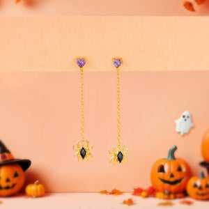 Halloween Heart CZ Spider Drop Stud Earrings