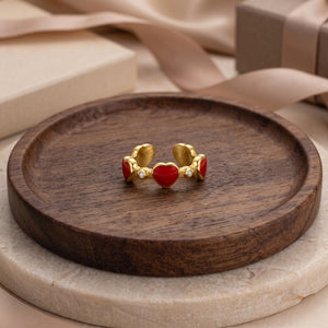 Red Enamel Heart Round CZ Stack Open Ring