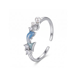 Blue Enamel Dolphin Pearl Shell Stacking Ring