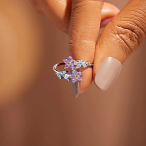 Purple Dual Floral Blue Leaf Inlaid Open Ring