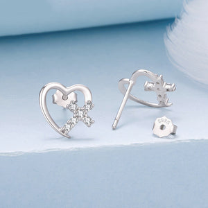 Minimalist Heart Cross Pave CZ Stud Earrings