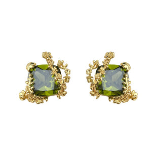 Vintage Branch Frame Olive CZ Stud Earrings