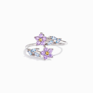 Purple Dual Floral Blue Leaf Inlaid Open Ring