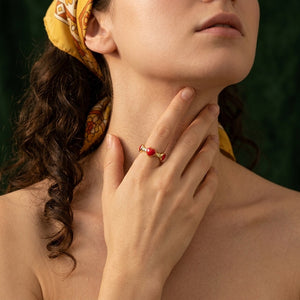 Red Enamel Heart Round CZ Stack Open Ring