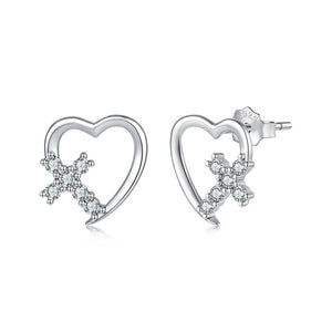 Minimalist Heart Cross Pave CZ Stud Earrings