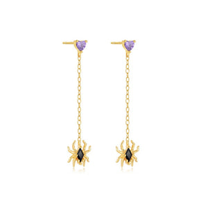 Halloween Heart CZ Spider Drop Stud Earrings