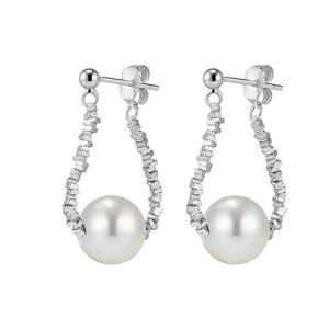 Dainty Crushed Silver Bead Pearl Drop Earrings