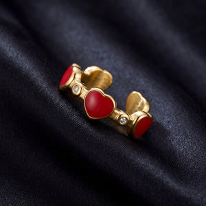Red Enamel Heart Round CZ Stack Open Ring