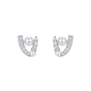 Dainty Pearl V-Shaped Pave CZ Stud Earrings