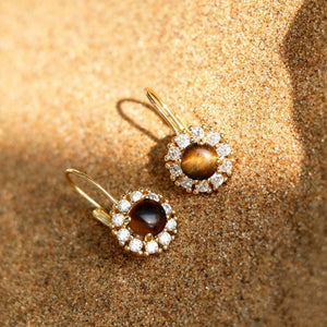 Tiger's Eye Halo CZ Leverback Hoop Earrings