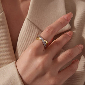 Two-Tone Star Engraved Crisscross Band Ring