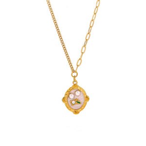 Dual Pearl Enamel Medallion Charm Necklace