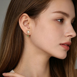 Pave Starfish Green Crystal Drop Stud Earrings