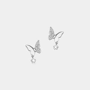 Dainty silver butterfly earrings with sparkling cz stones and a hanging flower charm