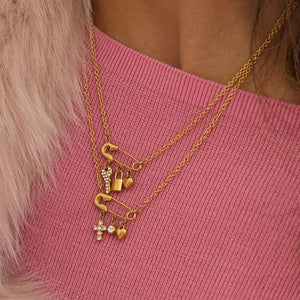 Gold Safety Pin Cross Key Heart Necklace