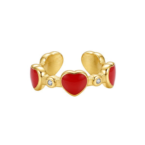 Red Enamel Heart Round CZ Stack Open Ring